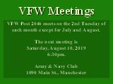 VFW Meetings; VFW Post 2046 meets on the 2nd Tuesday of each month except for July and August. ...